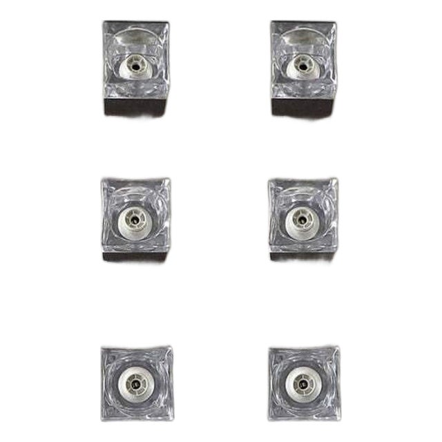 A striking set of eight vintage Italian wall sconces designed by Sciolari, circa 1960s, combining geometric clear glass...