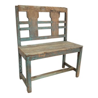 Rustic Aqua Painted Teak Bench For Sale