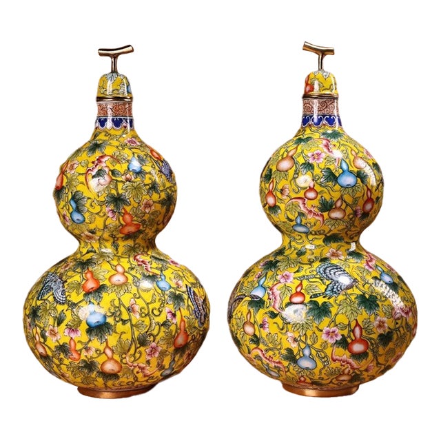 Late 20th Century Pair of Gilt Bronze Cloisonné Enamel Double-Gourd Vases With Butterfly and Gourd Motif For Sale
