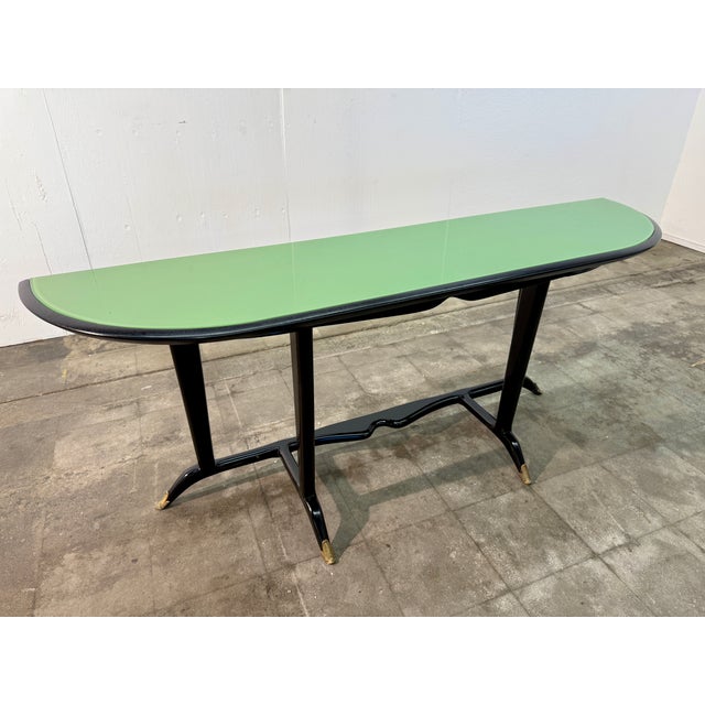 1950s Italian Mid-Century Black Lacquered Wood and Green Glass Console, 1950s For Sale - Image 5 of 6
