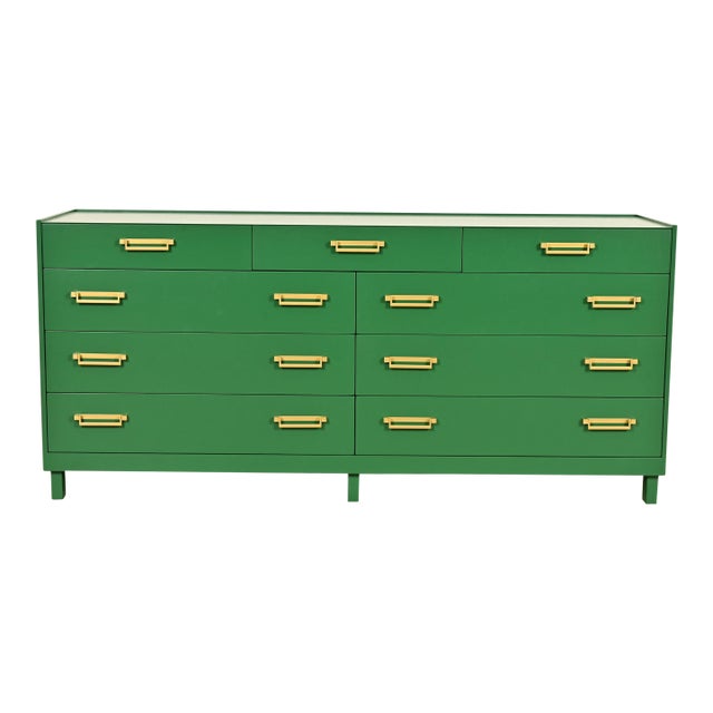 Michael Taylor for Baker Furniture Mid-Century Hollywood Regency Green Lacquered Campaign Dresser, Newly Refinished For Sale