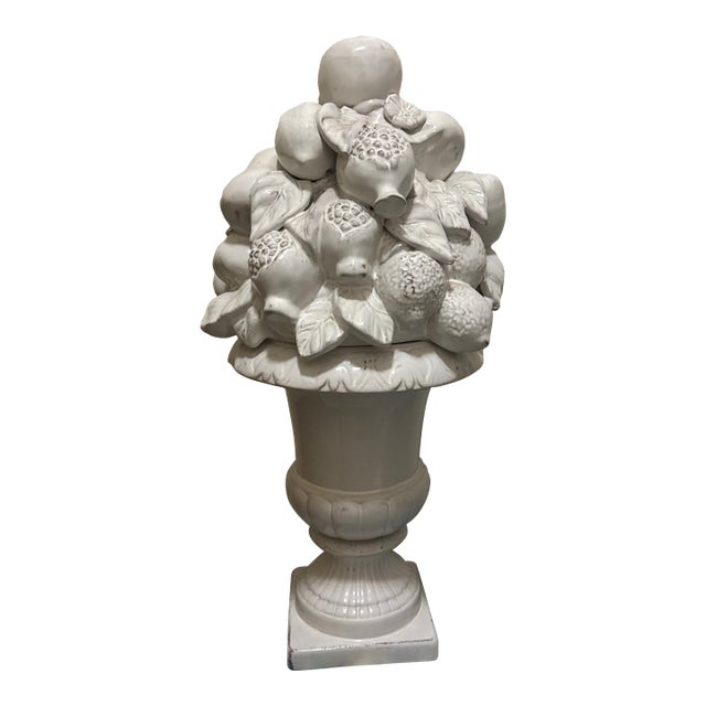 Mid-Century Italian White Glazed Ceramic Fruit Pyramid Topiary on Pedestal For Sale