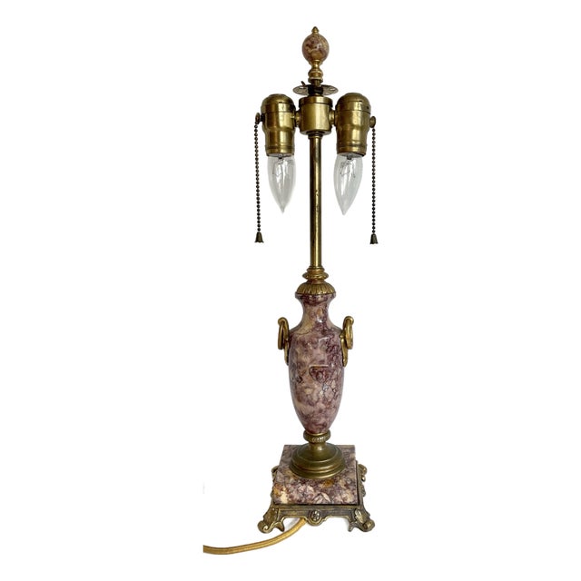 Early 20th C. Neoclassical Hollywood Regency Raspberry Marble & Brass Table Lamp For Sale