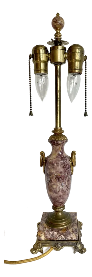 Early 20th C. Neoclassical Hollywood Regency Raspberry Marble & Brass Table Lamp