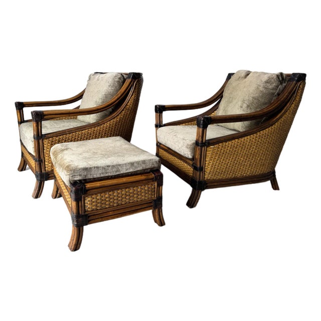 SOLDModern Mandalay Coastal Organic Rattan and Leather Lounge Chairs With Ottoman – Set of 3 For Sale