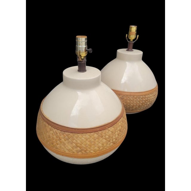 1990s Vintage Rattan Wrapped Off White Round Boho Ceramic Table Lamps- A Pair For Sale - Image 5 of 7