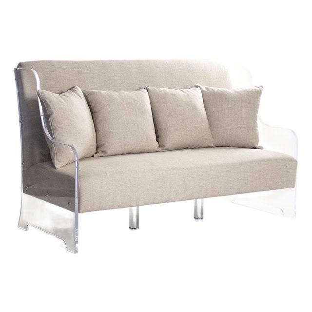 Acrylic Bench Settee, Natural Linen For Sale