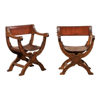 Late 20th Century Italian Pair Wood & Leather Dante Armchairs For Sale