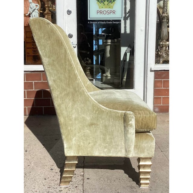 Modern Modern Wingback Down Filled Green Silk Velvet Giltwood Chair For Sale - Image 3 of 5