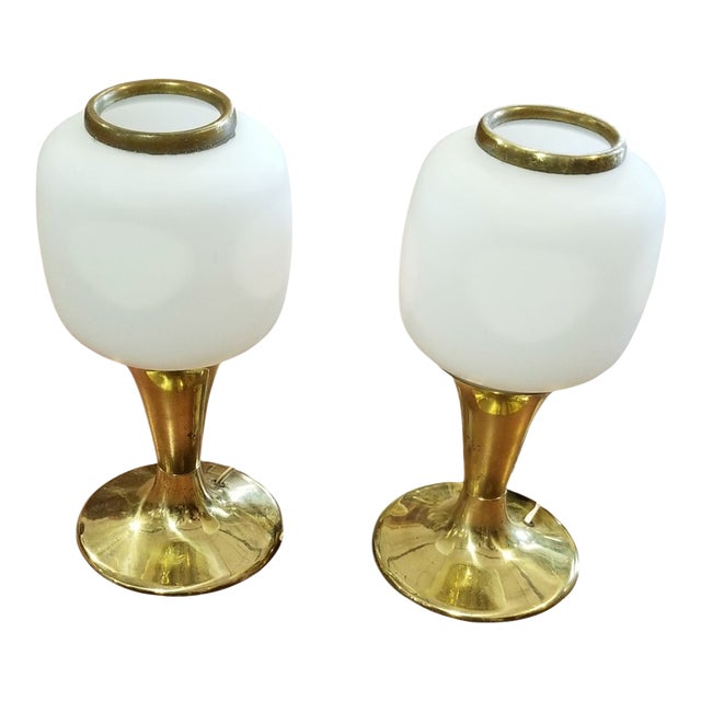 1950s Short Brass and Opaline Glass Table Lamps Pair For Sale