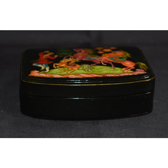 Black Vintage Russian Palekh Lacquer Box Humpbacked Horse Signed Hand Painted Art For Sale - Image 8 of 16