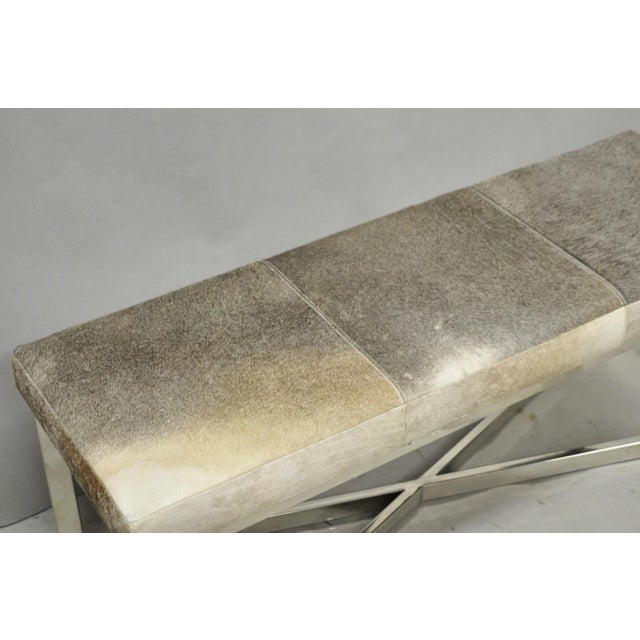 Modern Leather Cowhide Silver Chrome Metal X-Frame Stretcher Base Bench For Sale - Image 11 of 15