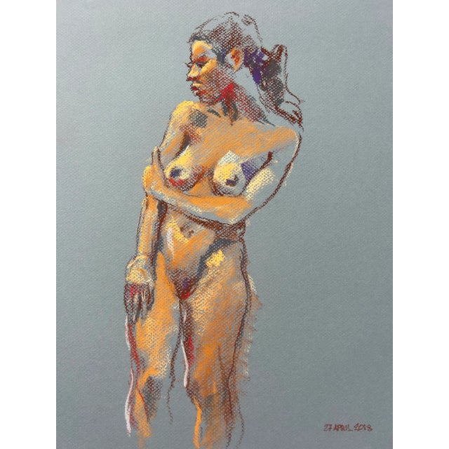 Impressionistic Pastel Drawing on Blue Paper of Nude Woman by Harold Grote For Sale In Philadelphia - Image 6 of 6