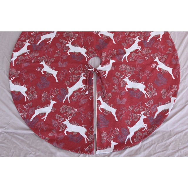 American Large Custom-Tailored 53" Red & White Leaping Deer Christmas Holiday Tree Skirt For Sale - Image 3 of 5