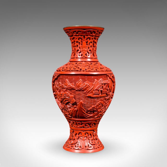 Metal Pair of Vintage Cinnabar Baluster Vases, Oriental, Lacquer, Cloisonne, Posy Urn For Sale - Image 7 of 12