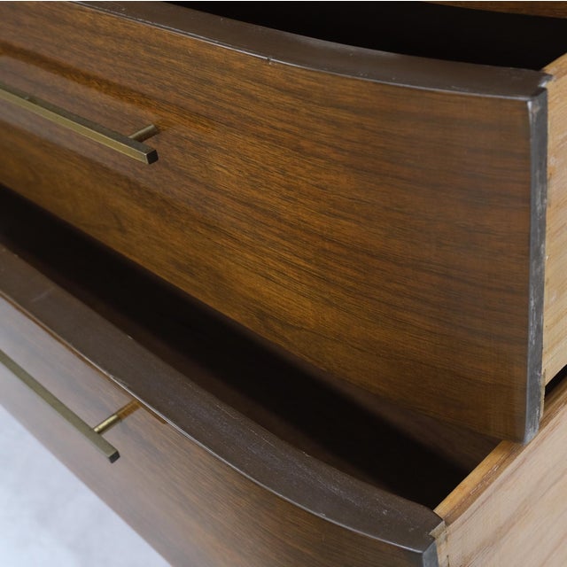 Light Walnut Bow Front Drawers Long Brass Pull Hardware Gentleman's Chest Mint For Sale - Image 15 of 18