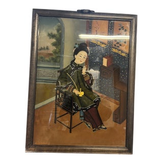 Signed 1920 Chinese Reverse Glass Painting of a Court Beauty by Dongsheng of Huizhou – 19” X 26” For Sale