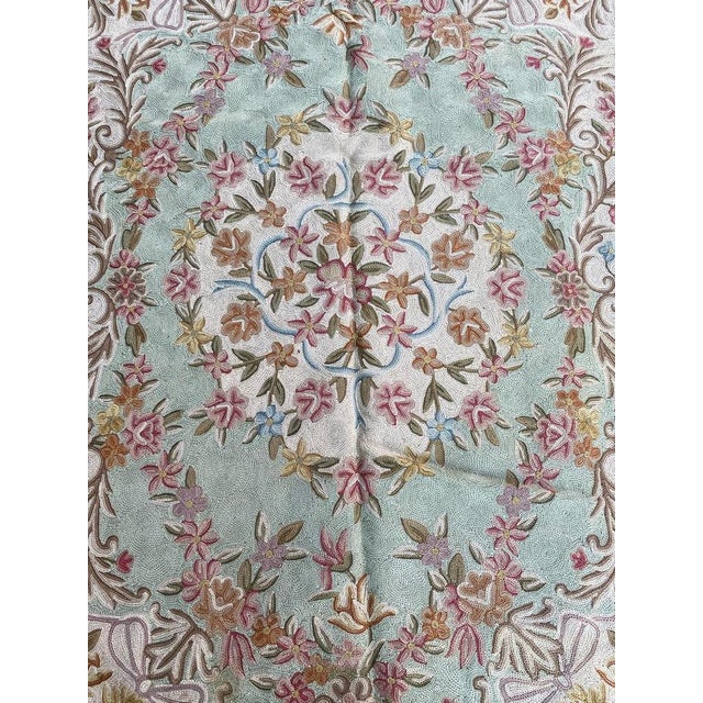 Little vintage Aubusson style embroidered rug with floral design and nice colors, wool.