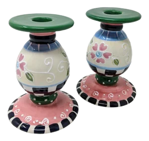 Vintage 1990s Regency MacKenzie-Childs Inspired Taper Pastel Candlestick Holders - Set of Two
