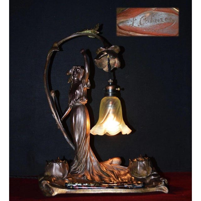 Art Nouveau French Figural Bronze Desk Lamp & Inkstand from Louis Cahuzac, 1920 For Sale - Image 18 of 18