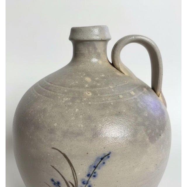 Traditional ML Owens 1988 Signed Seagrove Nc Stoneware Jug With Blue Floral Decoration For Sale - Image 3 of 8