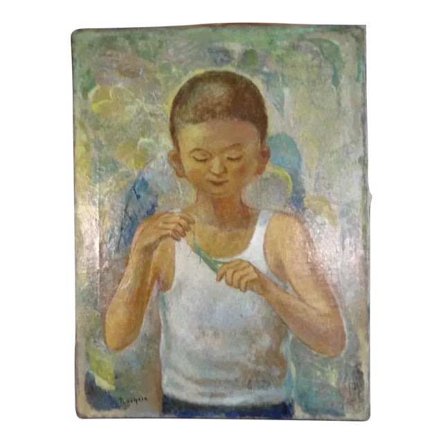 Mid 20th Century Naoyasu Harada "Boy and Locust" Oil Painting on Canvas For Sale