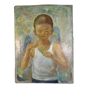 Mid 20th Century Naoyasu Harada "Boy and Locust" Oil Painting on Canvas