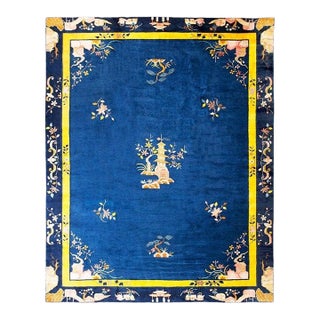 Wool Large Blue Floral Medallion Rectangle Hand Knotted Pile Antique 1930s Rug For Sale