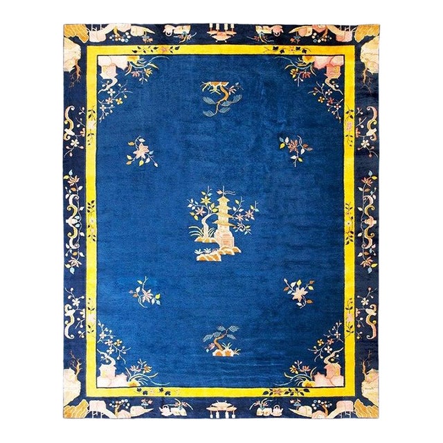 Wool Large Blue Floral Medallion Rectangle Hand Knotted Pile Antique 1930s Rug For Sale