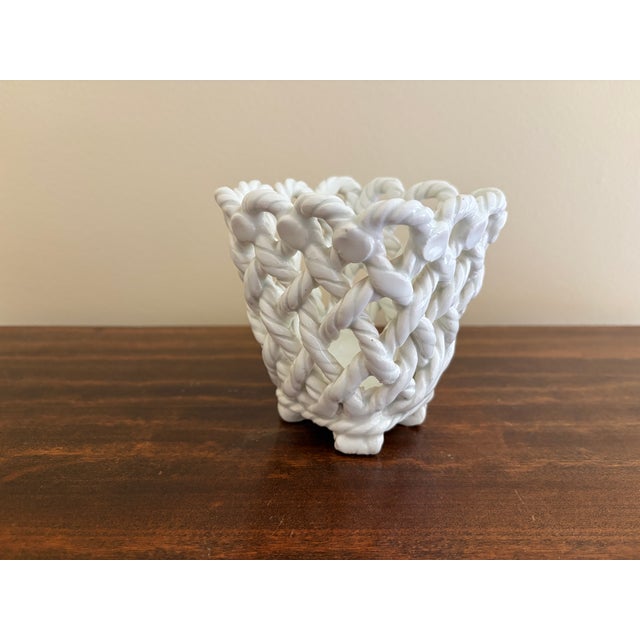 White Vintage French Country Reticulated Porcelain Rope-Form Cachepot, Circa 1960s For Sale - Image 8 of 11