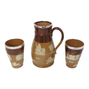 Antique Sterling Silver Mounted Royal Doulton Lambeth England 3 Piece Ale Pitcher & Cups Set