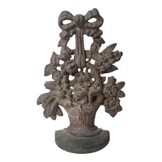 Antique Solid Cast Brass Floral Basket Doorstop With Bow and Verdigris Patina For Sale
