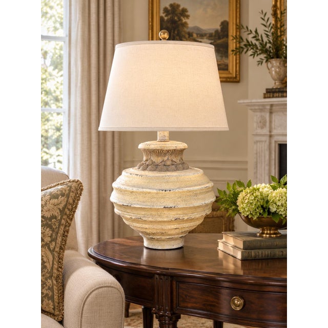 Shabby Chic Late 20th Century Sculptural Neoclassical Shell Urn Table Lamp With Cream Tapered Shade For Sale - Image 3 of 6