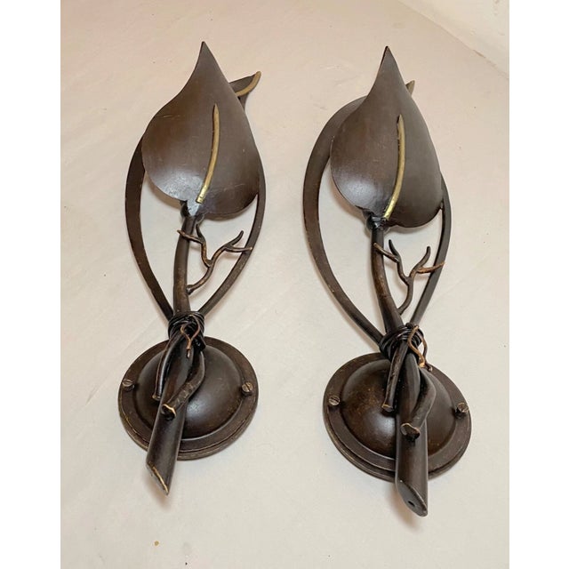 Contemporary Pair of Handmade Italian Bronze Patinated Cast Iron Leaf Wall Sconce Fixtures For Sale - Image 14 of 18
