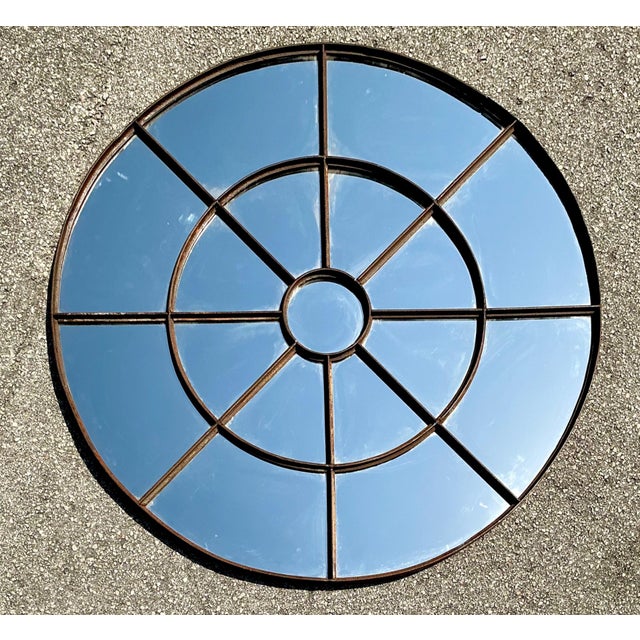Farmhouse Vintage Round Wrought Iron Large Windowpane Mirror For Sale - Image 3 of 16