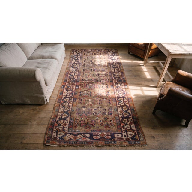 Brown 1870s Brown Geometric Tribal Antique W. Persian Kurdish Runner Rug 3'9" X 11'3" Handknotted Wool Carpet For Sale - Image 8 of 9