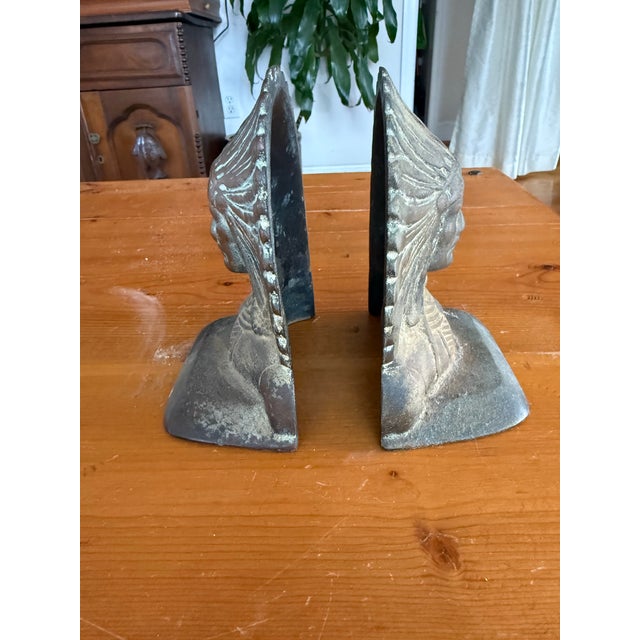 Metal Mid 20th Century Indian Head Cast Iron Bookends For Sale - Image 7 of 12