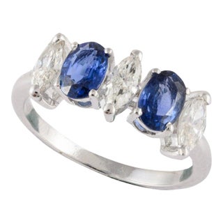 Natural Diamond & Blue Sapphire Engagement Ring for Her in Solid 18k White Gold Size 7 For Sale