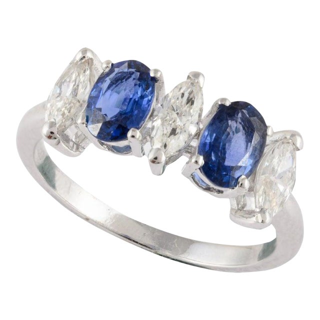 Natural Diamond & Blue Sapphire Engagement Ring for Her in Solid 18k White Gold Size 7 For Sale