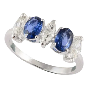 Natural Diamond & Blue Sapphire Engagement Ring for Her in Solid 18k White Gold Size 7