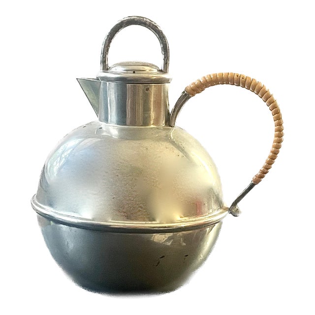 1950s Mid-Century Modern Hanle & Debler Pewter "Guernsey" Pitcher With Rattan/Wicker Handle For Sale