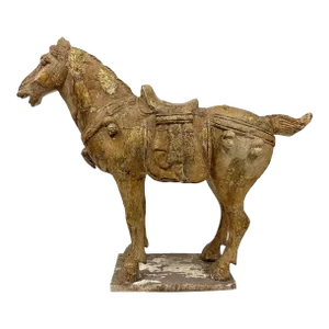 20th Century Chinese Gilt Carved Wooden Tang Horse Sculpture