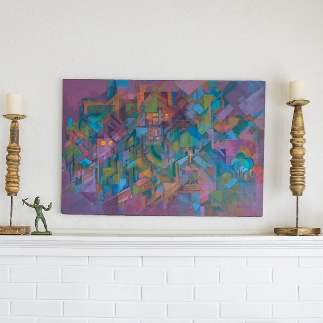 1980s Abstract Cubist Polychrome Cityscape With Purple and Turquoise For Sale - Image 5 of 13