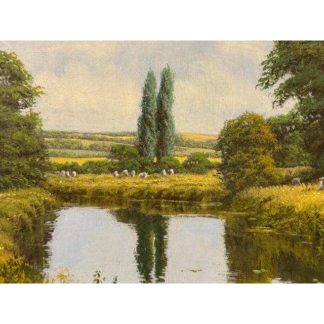 Pair - Ornately framed Oval English River Flower Scenes with Swans, Cows, Sheep 1990 (Circa) For Sale - Image 12 of 16