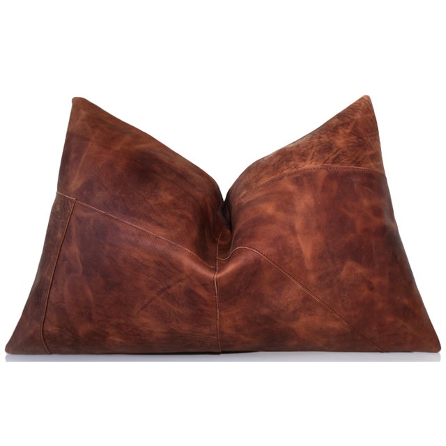 Farmhouse Luxury Cognac Genuine Leather Patchwork Throw Pillow 16x24 | Handmade Rustic Modern Lumbar Cushion For Sale - Image 3 of 7