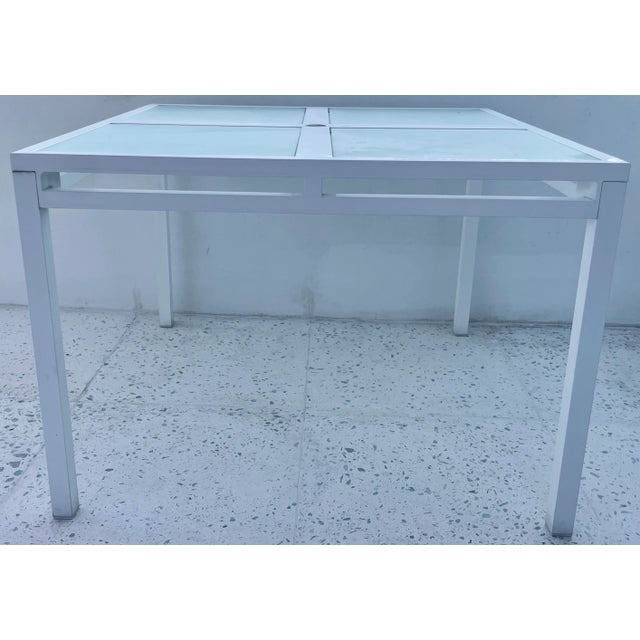 Mid-Century Modern Square Aluminum & Frosted Glass Outdoor Dining Table For Sale - Image 3 of 3
