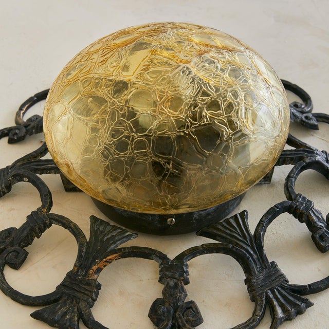Metal Italian Verdigris Iron + Amber Glass Sconce or Flush Mount, 1970s - 3 Available For Sale - Image 7 of 8