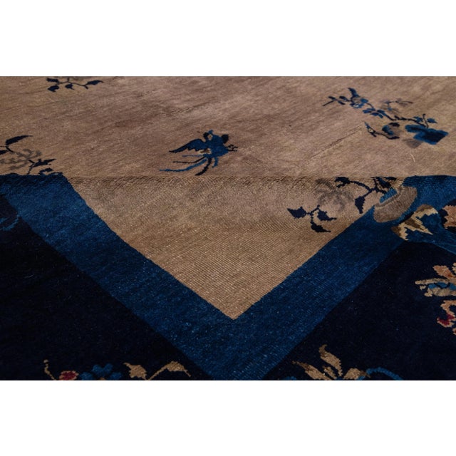 Brown Art Deco Chinese Floral Designed Wool Rug Antique Handmade in Light Brown For Sale - Image 8 of 10