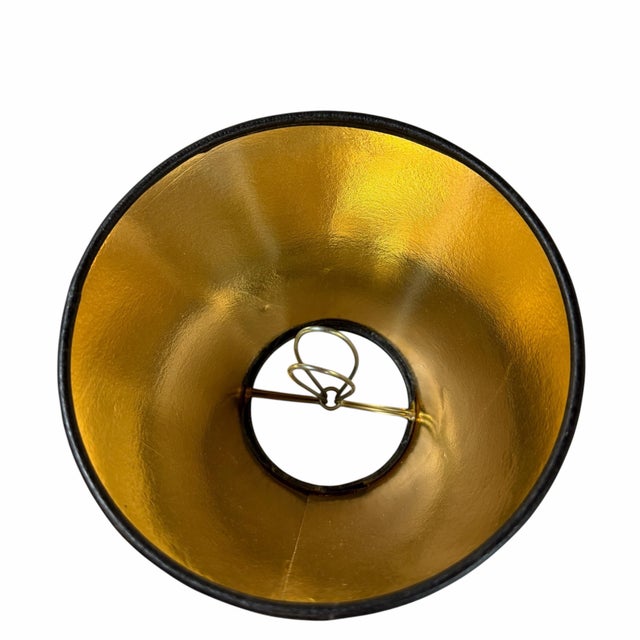 Black chandelier board shades with gold foul interior. Measurements: Bottom 5” diameter, top 2.5” diameter x 4” h.