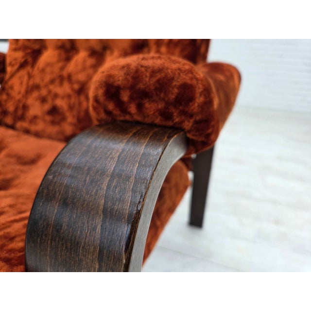 Danish Lounge Chair in Velour and Bent Oak, 1970s For Sale - Image 14 of 18